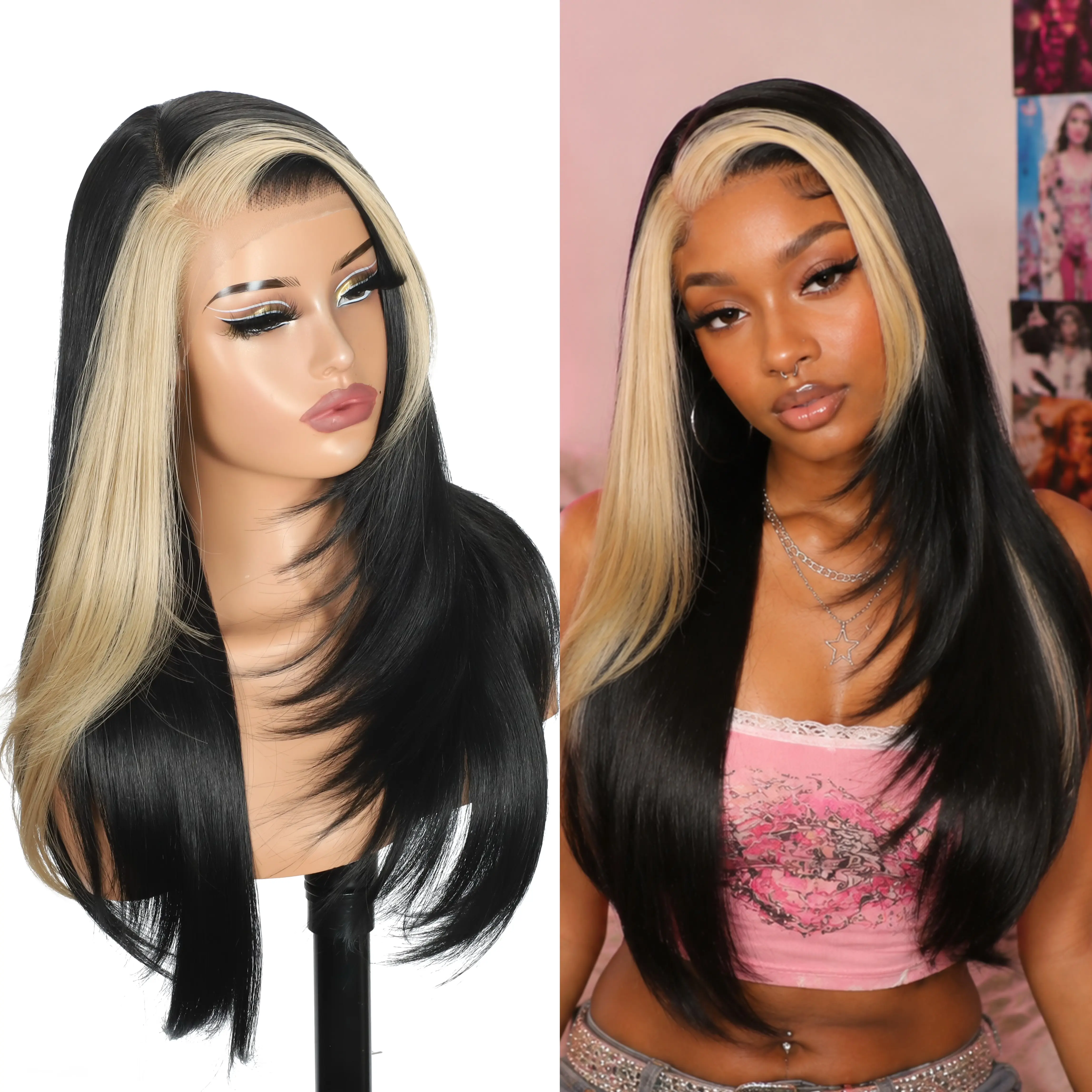 NEWTRESS 24 Inch Layered Straight Glueless Wig with Skunk Stripe and Bangs, 13x6 HD Lace Frontal Synthetic Hair, 220% Density Pre-Cut for Daily Wear natural hairline long straight wig silky, Pink Skunk Stripe, Natural Straight