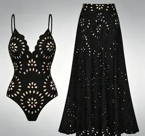 Women’s Laser Cut Dotted Black One Piece  and Cover Skirt Swimwear Set Chic Beachwear Stylish Bathing Suit,summervibes Halter Metal Decor Monokini