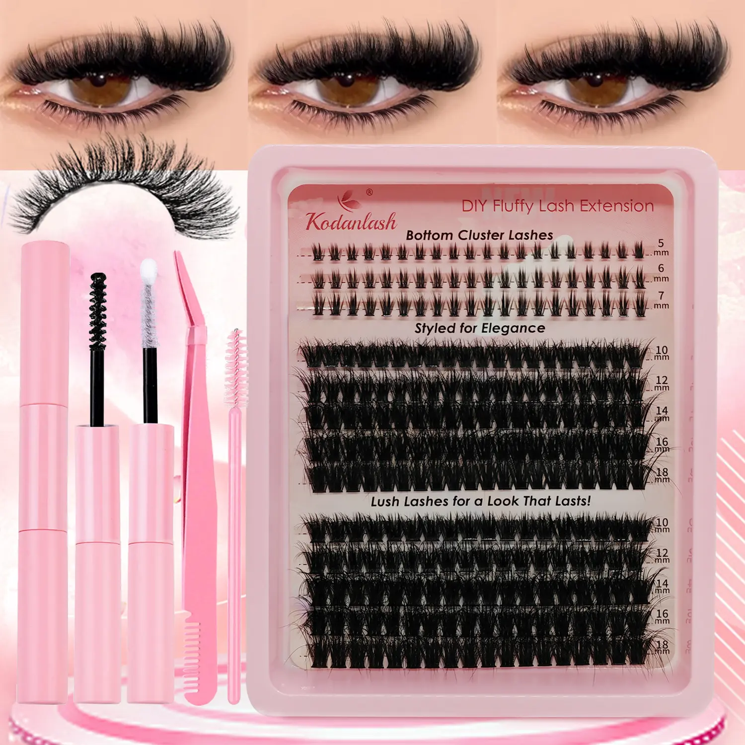 DIY Lash Extension Kit 60D+80D Volume Lash Clusters with Bottom Lashes Wispy Cluster Eyelash Extensions Kit with Lash Bond and Seal Tweezer Brush Easy To Apply d curl fluffy lash