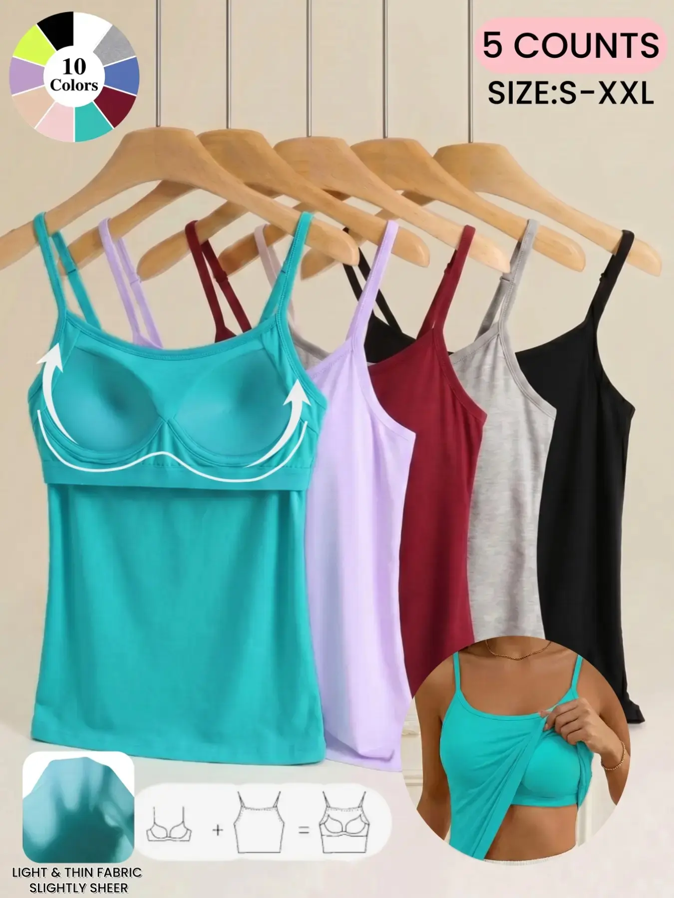Women's Summer Thin Farbic 2-In-1 Bra Cup Tank Top, Adjustable Straps, Fresh&Comfortable Plain Inner Layer, Sleeveless Fitted Soft Vest,Home&Sleep Cami Top