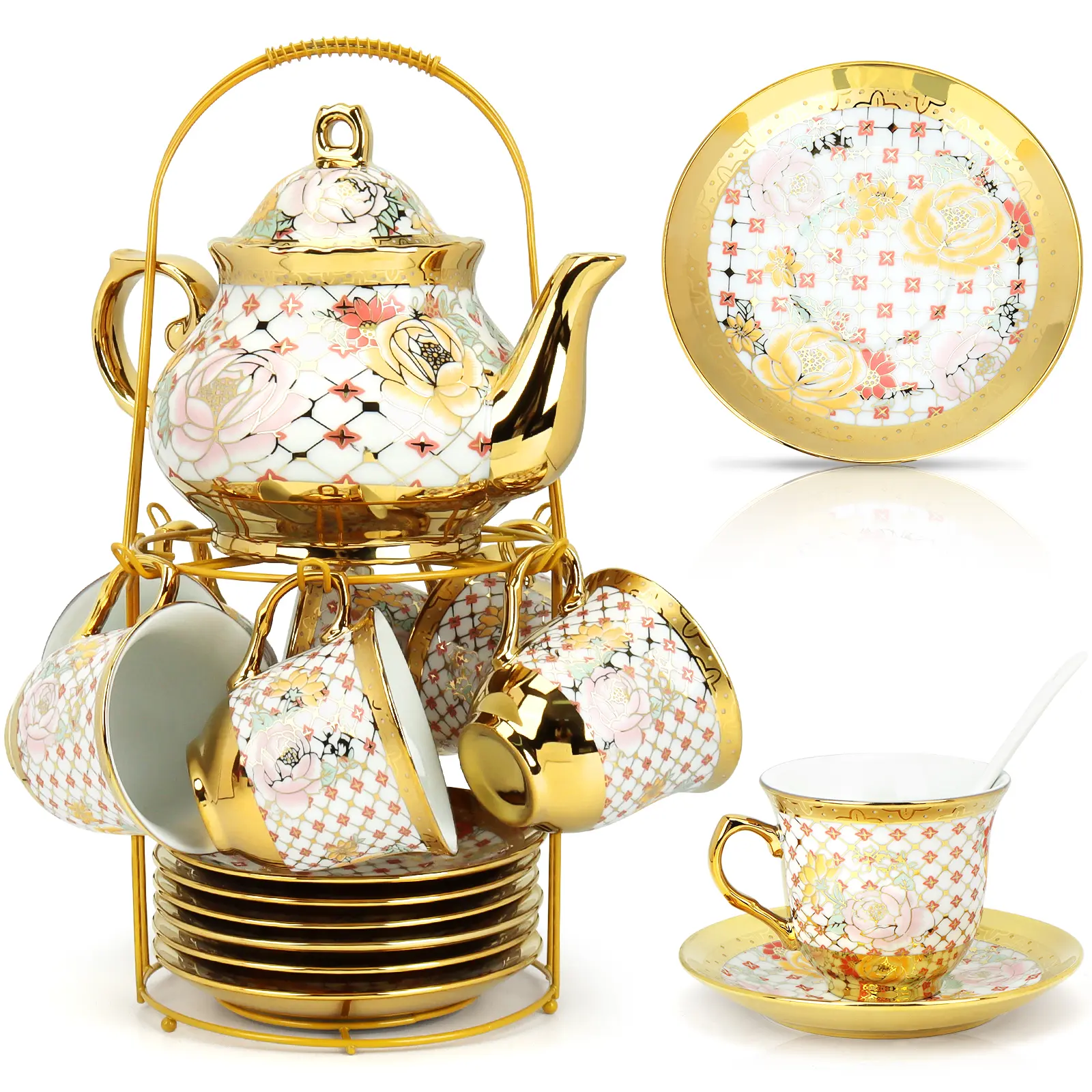 Glossy Gold European Ceramic Tea & Coffee Set for 6, 20-Piece Porcelain Set with Metal Stand, Vintage Floral Cups-Saucers, Teapot, Spoons – Ideal Wedding Gift Dinnerware Sets Home
