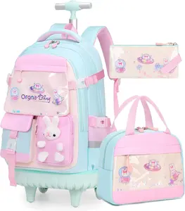 SIMILOVE 3PCS Rolling Backpack for Girls, Kawaii Bunny Roller Wheels School Backpacks with Lunch Bag Pencil case, Wheeled Suitcase Bookbag for Elementary Travel Aquamarine, Back to School Gift,Birthday's Gift