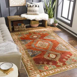 Lavable Burnt Orange and Rust Traditional Area Rug
