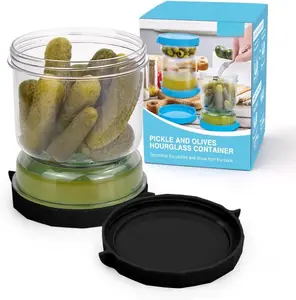 Pickle and Olives Jar Container with Strainer Flip, Leak-proof Juice Separator Hourglass  Saver Storage Container (Transparent Black)