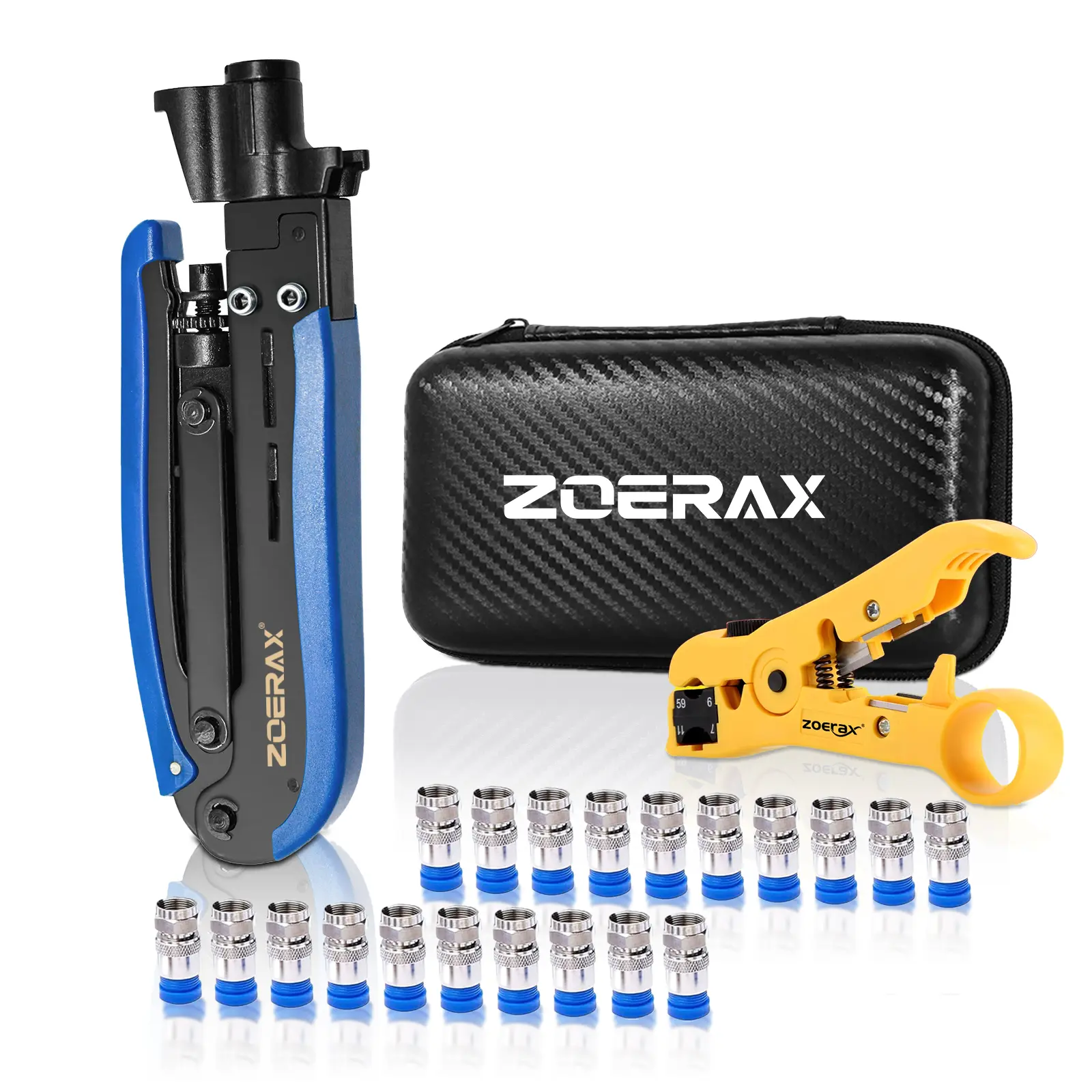 ZoeRax Coaxial Cable Crimping Tool Kit, with Wire Strippers and 20 F-Type Connectors, for TV, Internet, Satellite Installations, and Home Networks