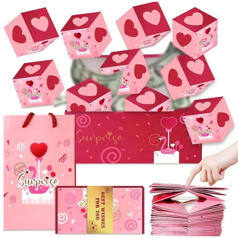 Valentine/Birthday Surprise Gift Box Explosion Gift Box DIY with Bag Love Pink Red Heart Romantic Creative Pop out Cards for Anniversary Wedding Thanksgiving Mother's Day Christmas Party Celebration