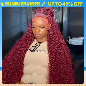 Tahikie 99J Burgundy Colored 200% Density Deep Wave 13x6 Full Frontal HD Lace Front Curly Wave FB30 Highlight /Natural Black Human Hair Wigs For Women TikTokShopBlackFriday#SummerVibes