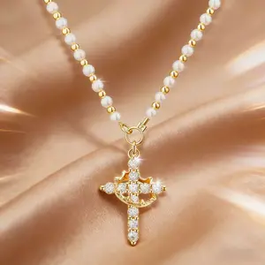 LisiZen Hot Selling Personalized Cross Necklace Retro Simple Double Layer Pearl Collarbone Chain DZXL4117