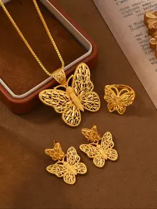 24k Gold Plated Elegant Jewelry Set, 4 Piece Butterfly Copper Wedding Party Set, Includes Necklace Earrings Ring, Valentine's Day Gift for Women