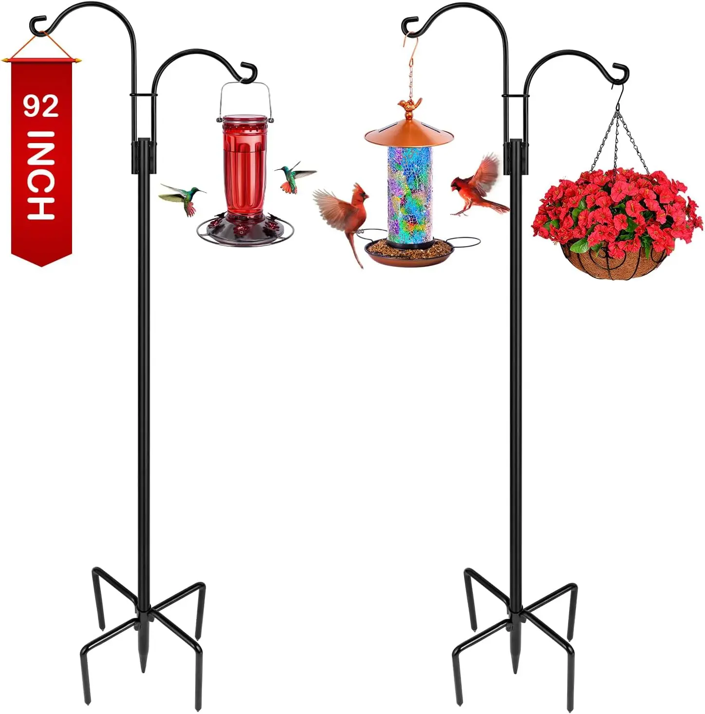 Double Shepherds Hooks for Outdoor, 2-Pack Heavy Duty Garden Pole for Hanging Bird Feeder,  Baskets, Solar Light Lanterns, Garden  Hanger Stands with 5 Base Prongs