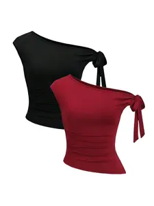 Women's Summer Casual Minimalist Two-Piece Set, Asymmetrical Twist Knot Design, Single Shoulder Tie Top, Plain Color Knit for Daily Wear