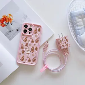 6-Piece High Bamboo Christmas Snowflake Gingerbread Man Phone Case Set, Charging Head Protection, Data Line Protector, Storage Rope