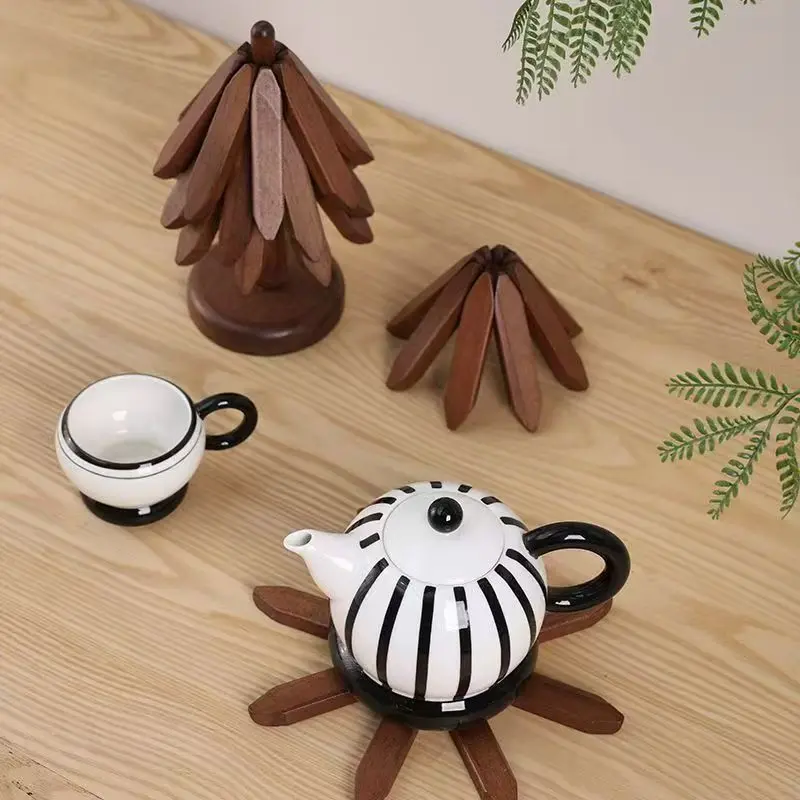 Bamboo Christmas Tree Kitchen Coasters Set - 4-Piece 7.8in Durable Heat Resistant, 4-Layer Foldable Home Organizer, Coasters for Drinks, Hot Dishes/Pots/Cups Holder, Holiday Gift