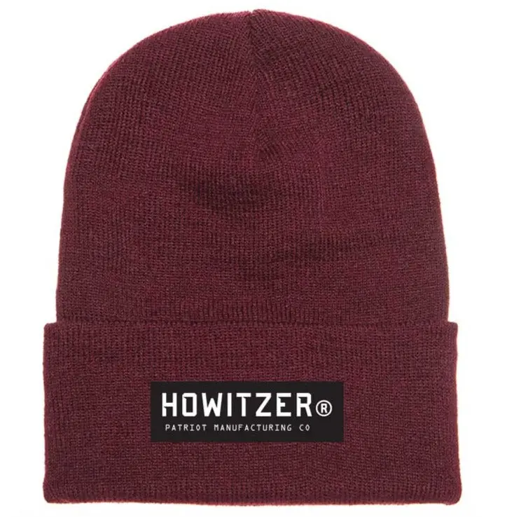 Howitzer Men's Grunt Bar Military-Style Beanie Hat | Classic Acrylic Knit with Embroidered Patch for Cold Weather, Burgundy, Hat Beanie
