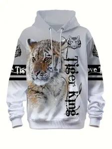 Men's Casual Drawstring Hoodie Sweatshirt, 3D Digital Print Tiger King Design, Long Sleeve Fitted Pullover for Daily Wear, Gothic Printed Hoodie, Graphic Hoodies