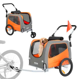 VEVOR Dog Bike Trailer,  Supports up to 66 lbs, 2-in-1 Pet Stroller Cart Bicycle Carrier, Easy Folding Cart Frame with Quick Release Wheels, Universal Bicycle Coupler, Reflectors, Flag, Orange/Gray