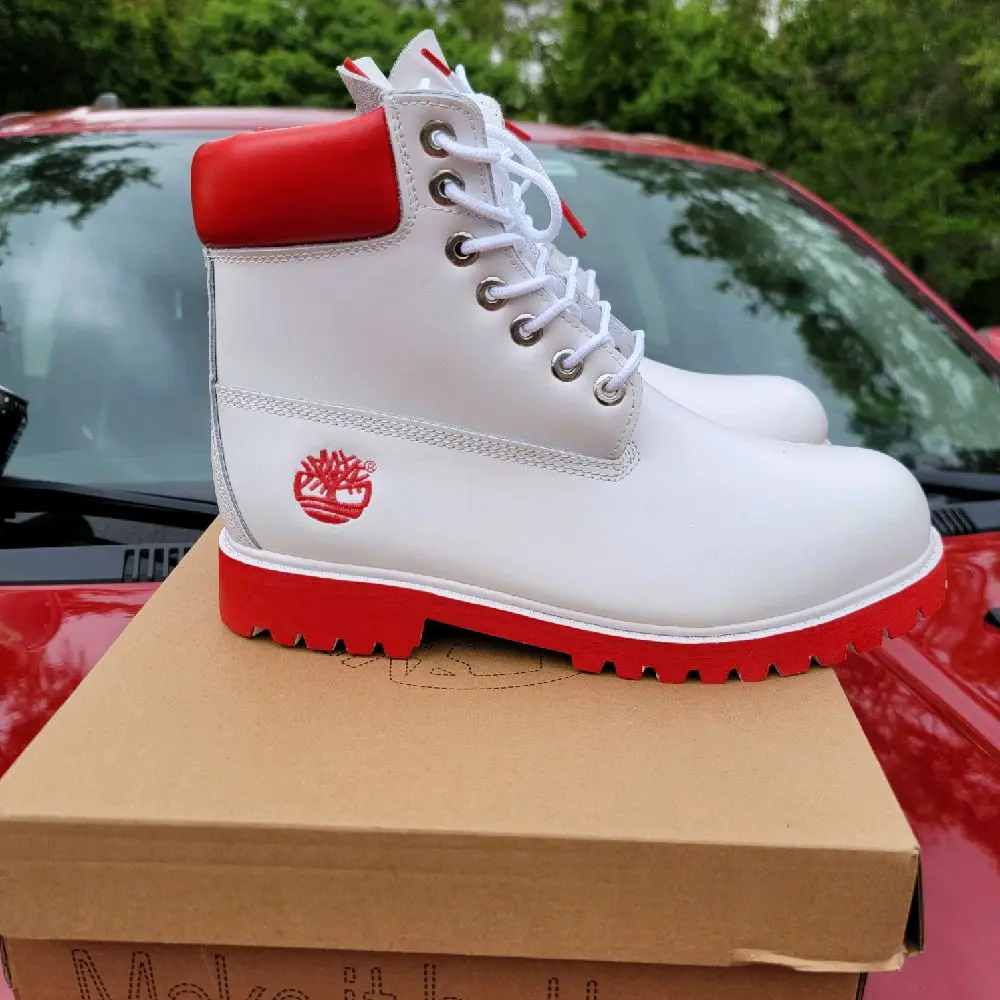 Handmade Custom Waterproof Fashion Boots  Red Color with White Laces for Stylish Comfort