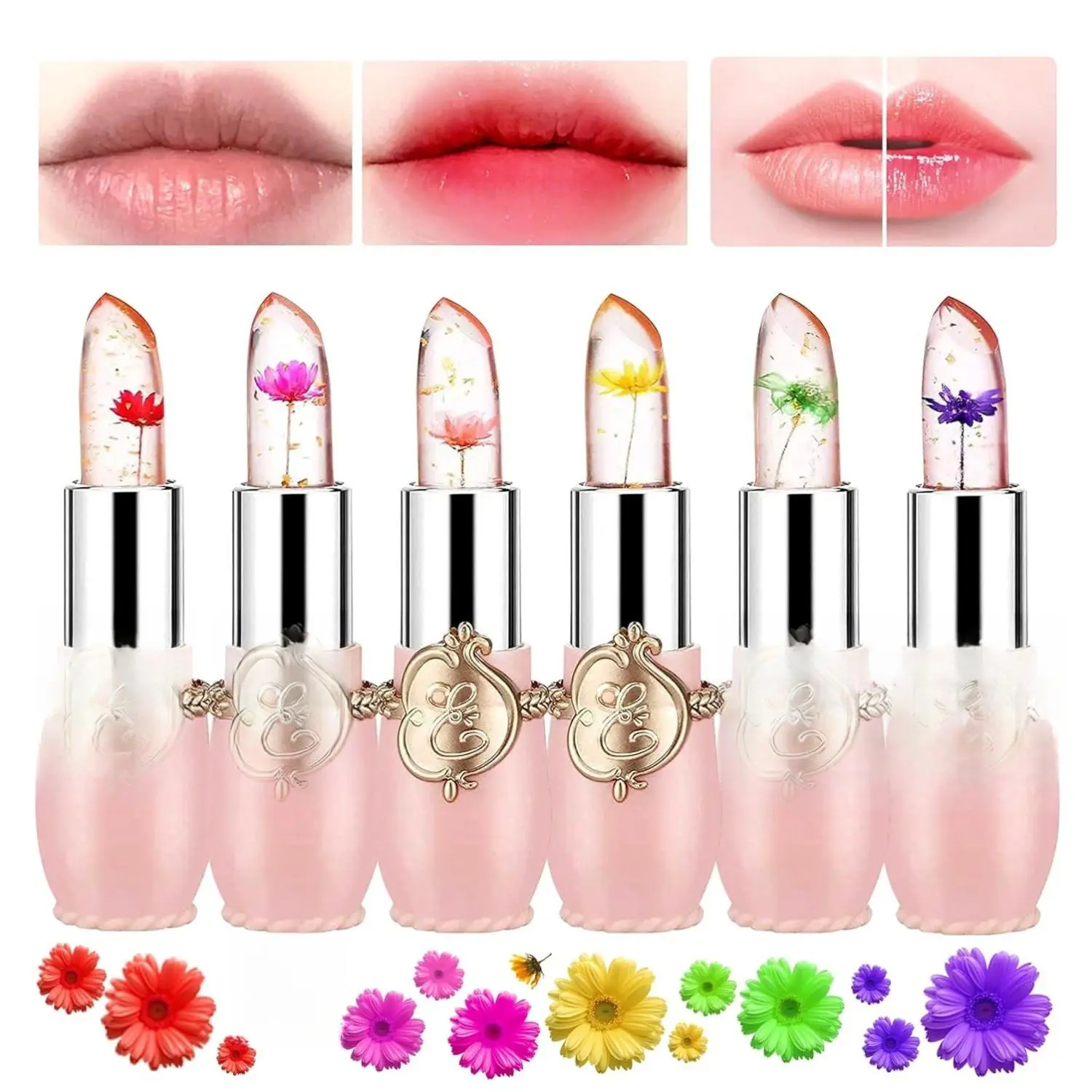 6PCS Crystal Flower Jelly Lipstick Set,Moisturizing Color Changing Lip Gloss Set,Clear Tinted Magic Lip Stain Moisturizer Gift Set,Waterproof Lip Balm Set,Long Lasting Hydrating Lipgloss for Women Flawless Makeup