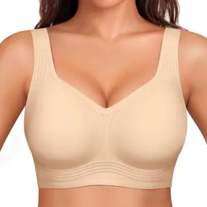 Women Wirefree Bras Full Coverage No Underwire Comfortable Wireless Padded Jelly Bras in Soft Beige for Everyday Wear Breathable