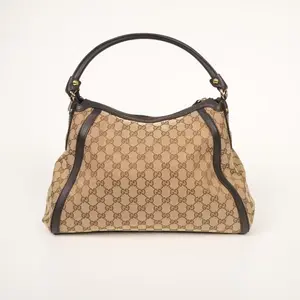 Pre-owned GUCCI Original GG Canvas Dark Brown Leather Trim Hobo Shoulder Bag Style