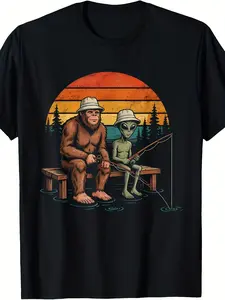 Humorous T-Shirt for Men And Boys Featuring Alien Fishing - Sasquatch Graphic with Pine Tree Lake Design, Casual Outdoor Camping Wear, Cryptozoology Themed Apparel (Black)