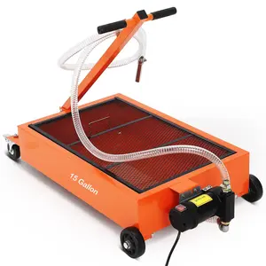15 Gallon Oil Drain Pan with Pump-Electric Rolling Oil Drain Cart with 8Ft Hose, Folding t-Handle & Caster Wheels, for Semi Truck, SUVs and Cars Heavy Duty Wagon Collapsible Garden Cart