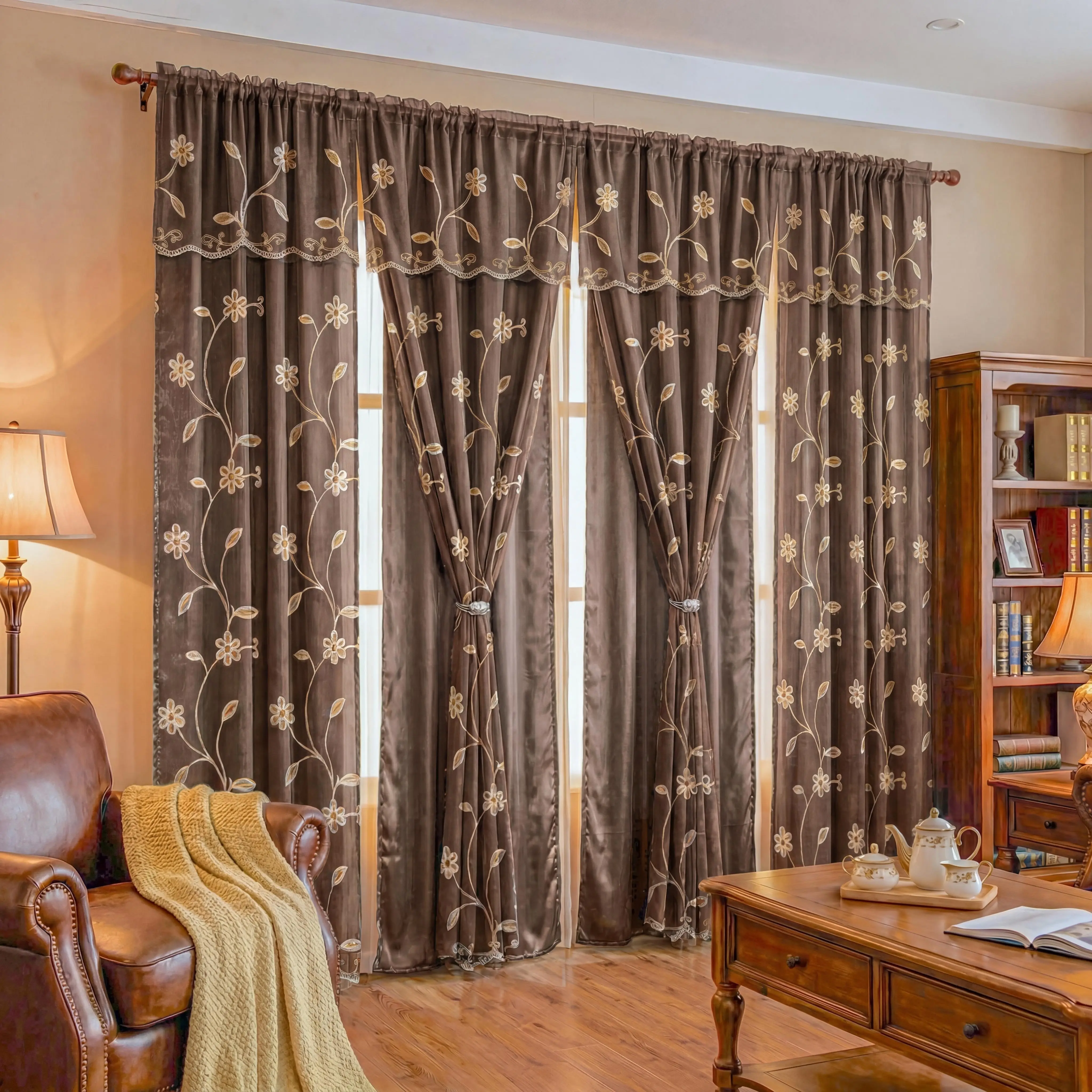 4-Panel Embroidered Curtain with Attached Waterfall Valance, 52"x84" Rod Pocket Double-Layer Snow Voile Window Drapes, Vine Floral Design House Decor Textile for Bedrooms Summer Home Use QF29