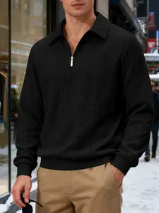 Men's Textured Casual Sweatshirt, Half-Zip Neck Street Style, Loose Fit Polo Collar, Short Long Sleeve, Fall Fashion