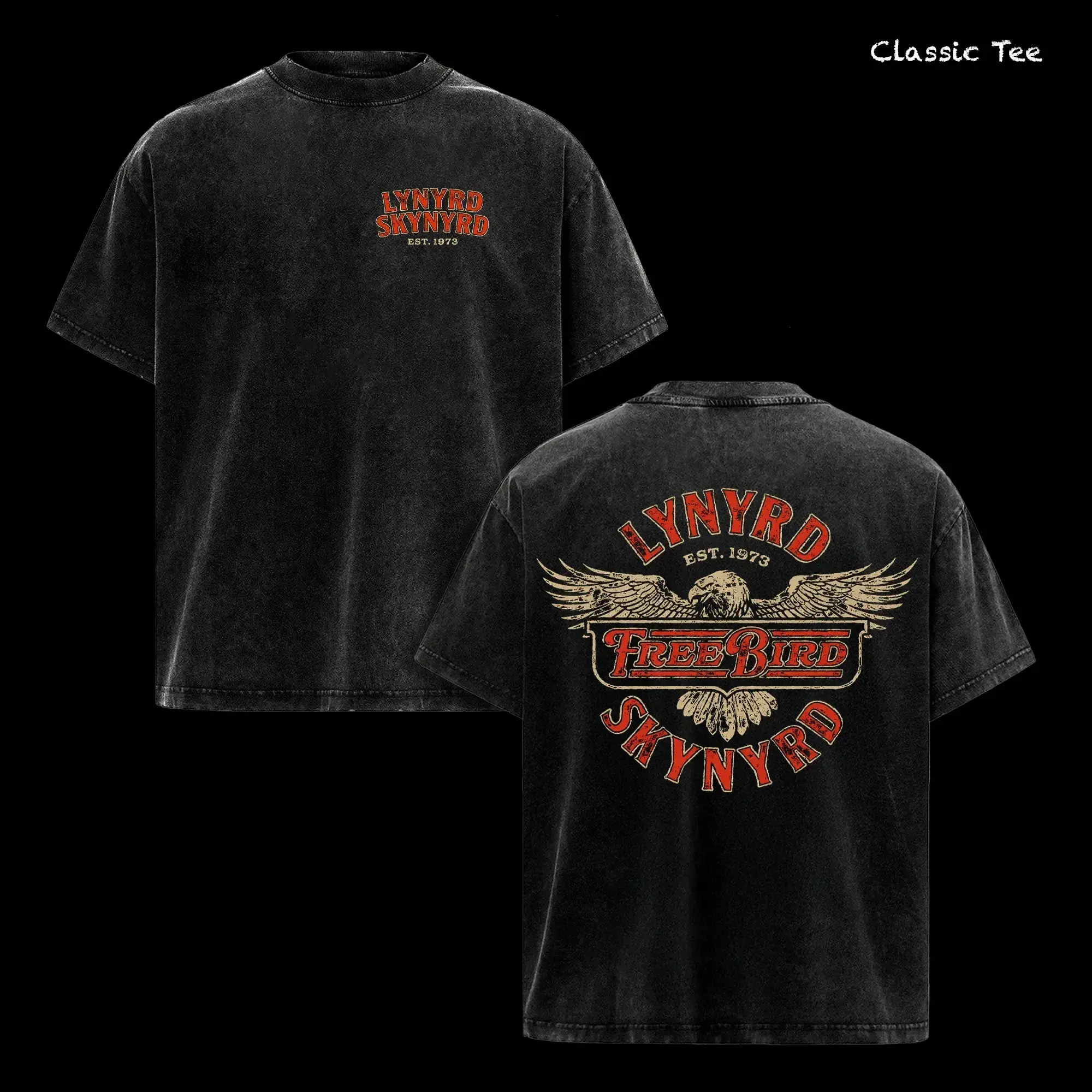 Comfort Colors Lynyrd Skynyrd Free Bird Shirt - Lynyrd Skynyrd EST 1973 Eagle Wings Graphic T-Shirt, Southern Rock Classic Concert Merch, Distressed Vintage Washed Black Classic Cotton Unisex Tee, Free Bird Lyrics Band Aesthetic, Southern Rock Fan Gift