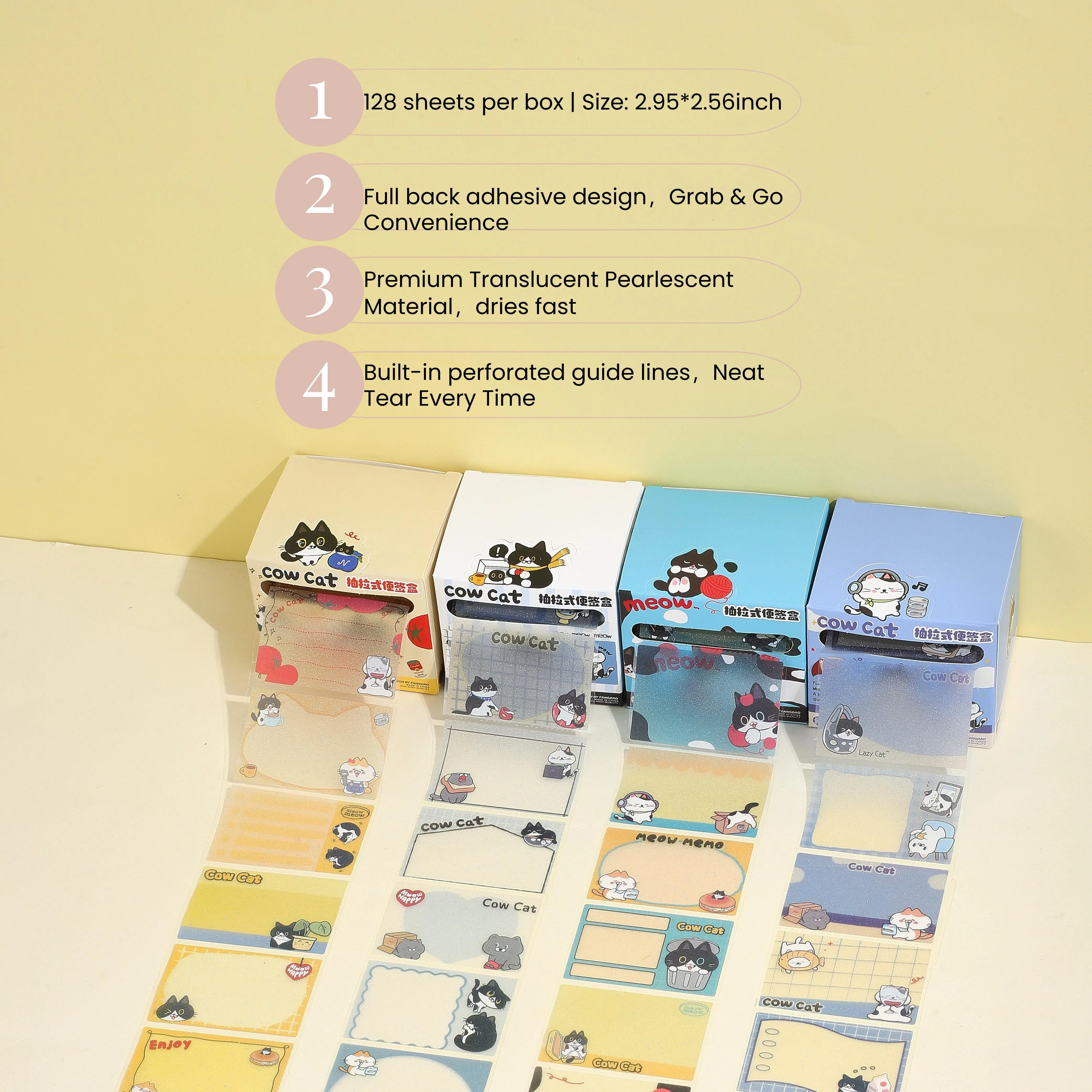 Adorable Creamy Kitten Themed See-Through Sticky Notes - 128 Sheets/Box, 2.95*2.56 Inches, Pearl Finish, Multi-Patterns, Perforated Tear Labels, Giftable Desk Accessory, Multi-Purpose Memo Pad for Home, Office