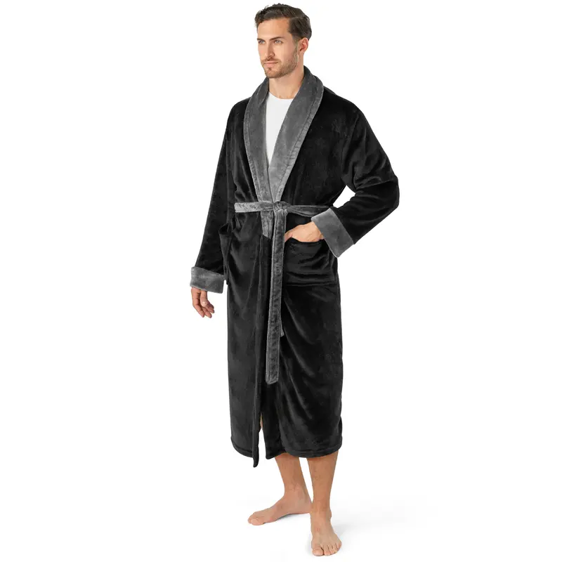 PAVILIA Mens Robe, Soft Robe for Men, Fleece Warm Long Bathrobe for Bath Shower Spa with Shawl Collar and Pockets, Plush Microfiber -Two Tone Black