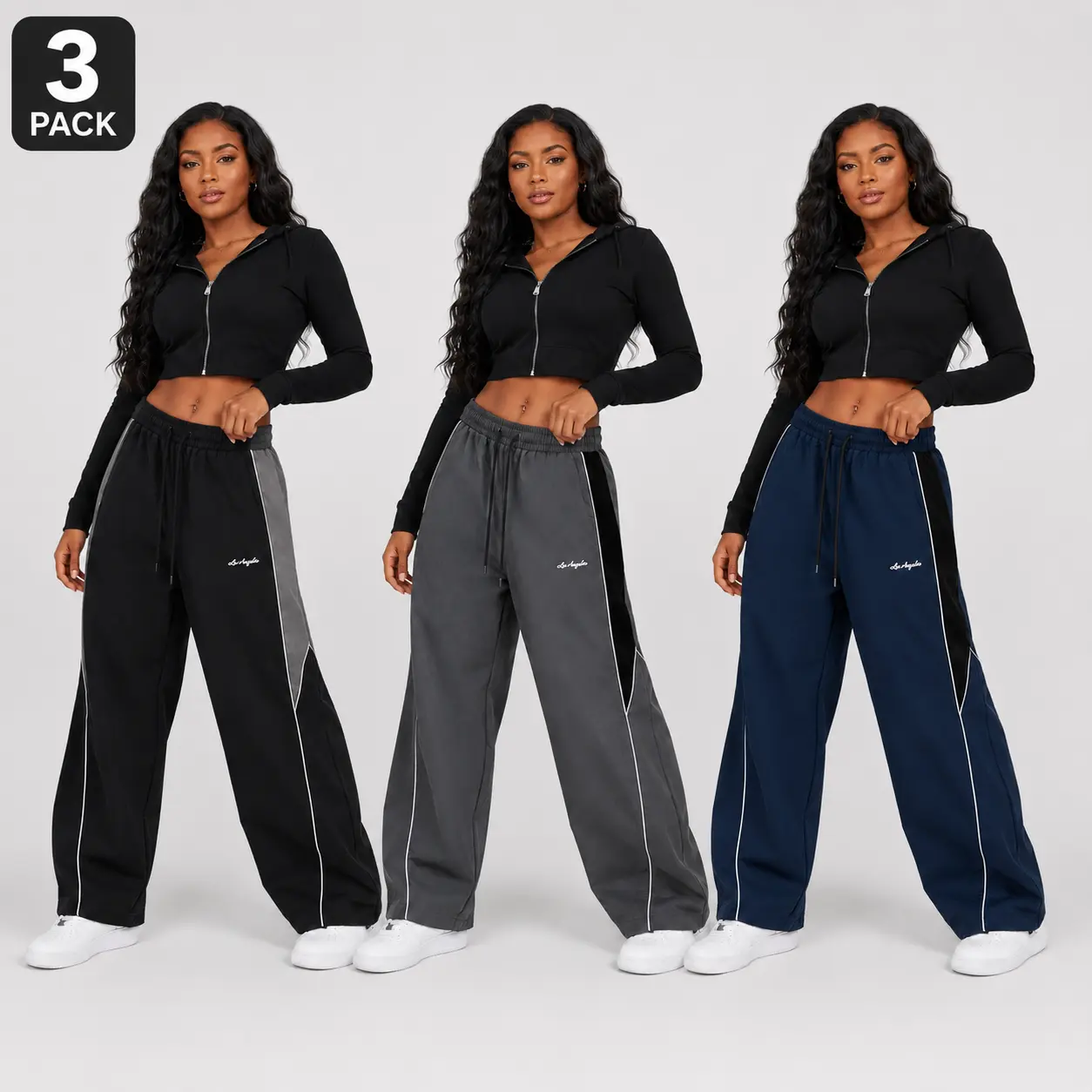 3-Pack Women’s Color-Block Wide-Leg Quick-Dry Sports Pants — High-Waisted Drawstring, Drapey Fabric, Y2K Hot-Girl Style, Floor-Length Straight Casual Long Pants, Multiple Colors