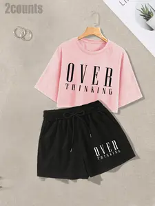 Women's Letter Print Two-Piece Set, 2 Counts, Casual Outfit Set, Drop Shoulder Short Sleeve Crop Tee & Drawstring Waist Shorts Set, Ladies Clothes for Daily Wear Womenswear, Co-ord Sets