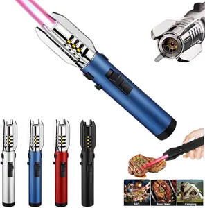 Torch Lighter, Bright Fire Lighter with Safety Lock and Adjustable Red/Blue Flame, Refillable Butane Gas Windproof Jet Flame Cool Lighters, for Candles Campfires BBQ Baking, Camping, Gift (Not Containing Butane Gas/ Need to Bring Your Own Gas)