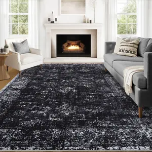 9x12 Washable Non-Slip Vintage Area Rug - Soft Pearl Velvet, Low Pile, Distressed Print, Non-Shedding - Perfect for Bedroom, Living Room, Black