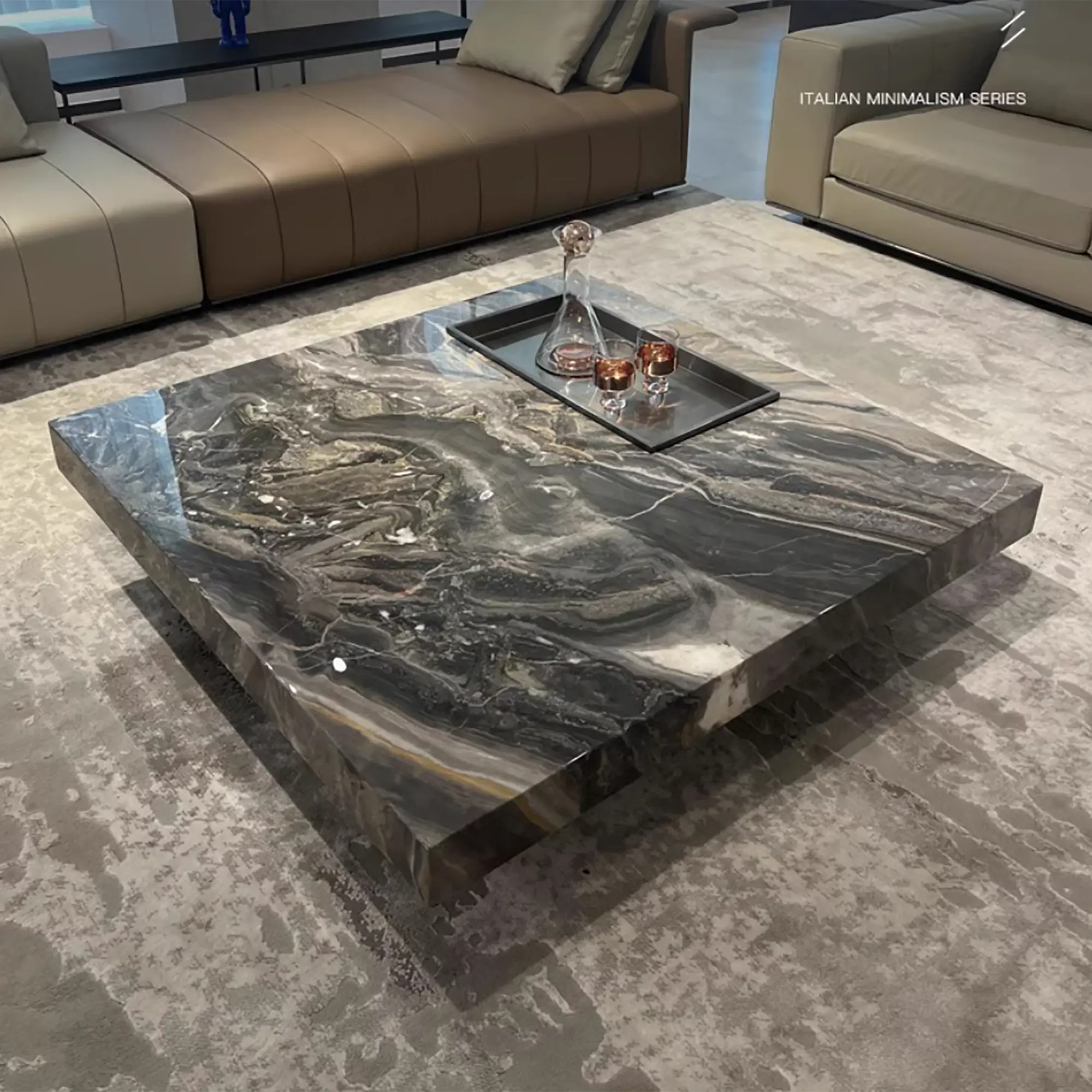 42“ Square Coffee Table with Glossy Sintered Stone Table-top, Modern Coffee table with Stainless steel legs for Living Room Furniture Home