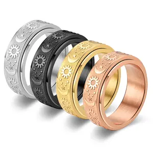 Star Moon Sun Titanium steel casting ring, rotatable decompression ring hand jewelry