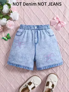 Girls' Casual Loose-Fitting Denim Shorts, Bow Print Knit Pants, Soft Comfortable Outdoor Wear, Perfect Party Gift for Ages 3+