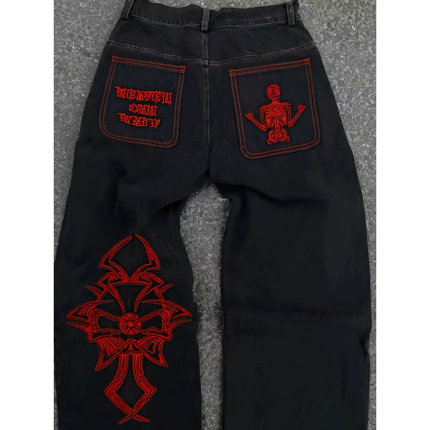 Y2k Inspired Mens Skeleton Embroidery Jeans Halloween Themed Casual Street Style Denim Pants With Relaxed Fit And Intricate Details