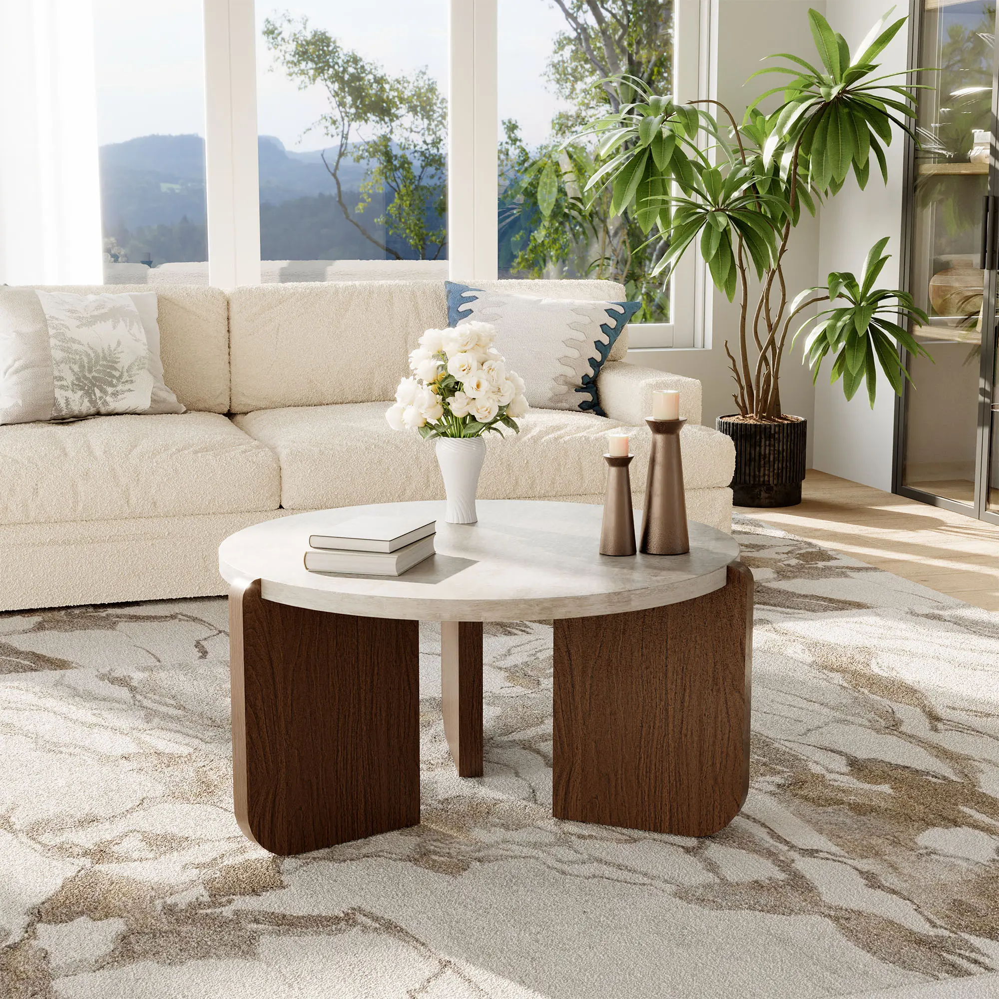 HompusFurniture 31.5" Modern Round Coffee Table with Faux Marble Top & Walnut Wood Legs, Minimalist Living Room Center Table, Waterproof Scratch Resistant Design