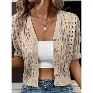 ElegantV-NeckShortSleeveKnitCardigan-BreathableViscose,PerfectforSpring&Summer,Women'sFashion