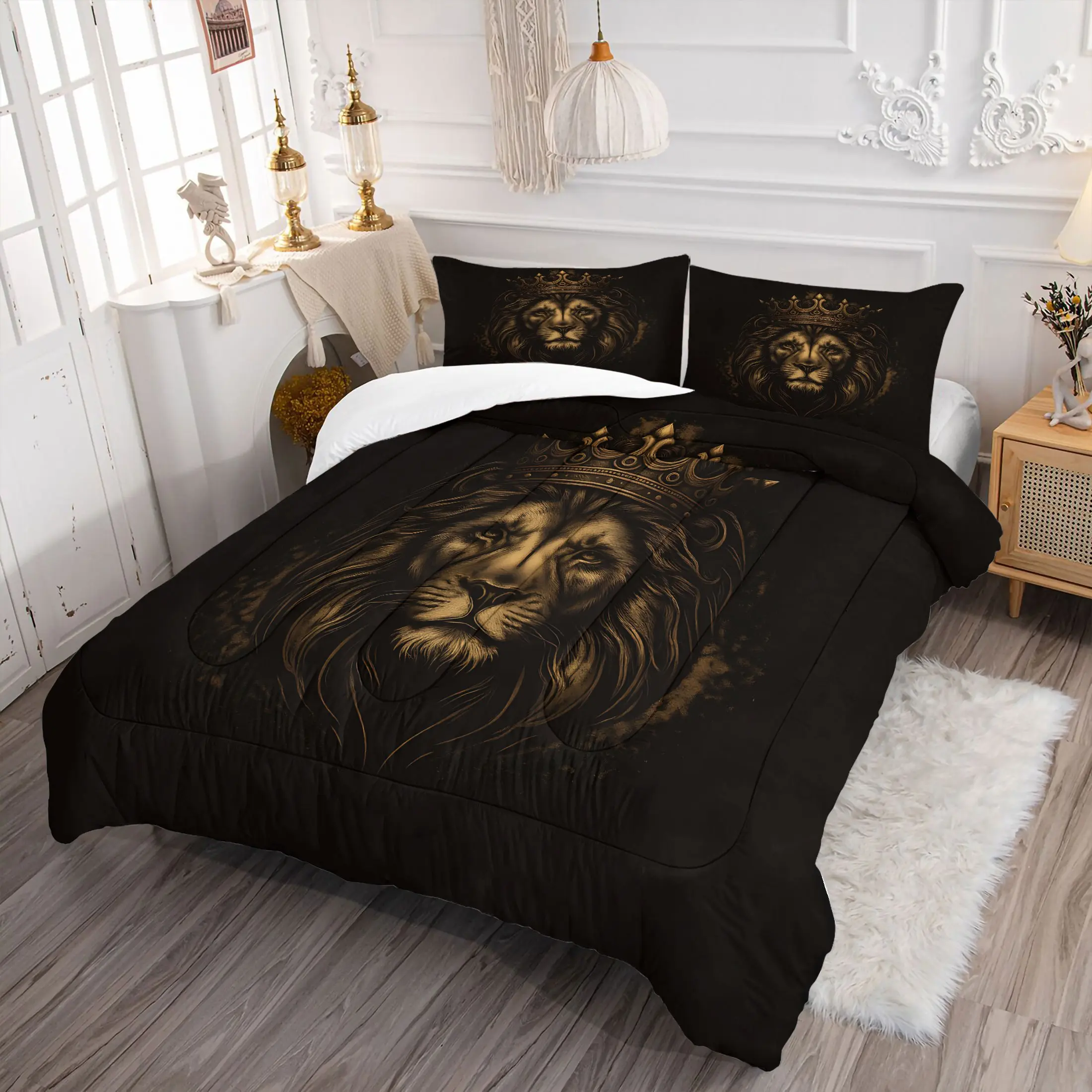 2/3pcs Golden Crowned Lion Print Comforter Set, Luxury Quilt, Soft Microfiber Bedding Set with Pillowcase, Regal King of Jungle Bed Set, Quilted Bedspread Set for Men & Modern Bedroom Decor