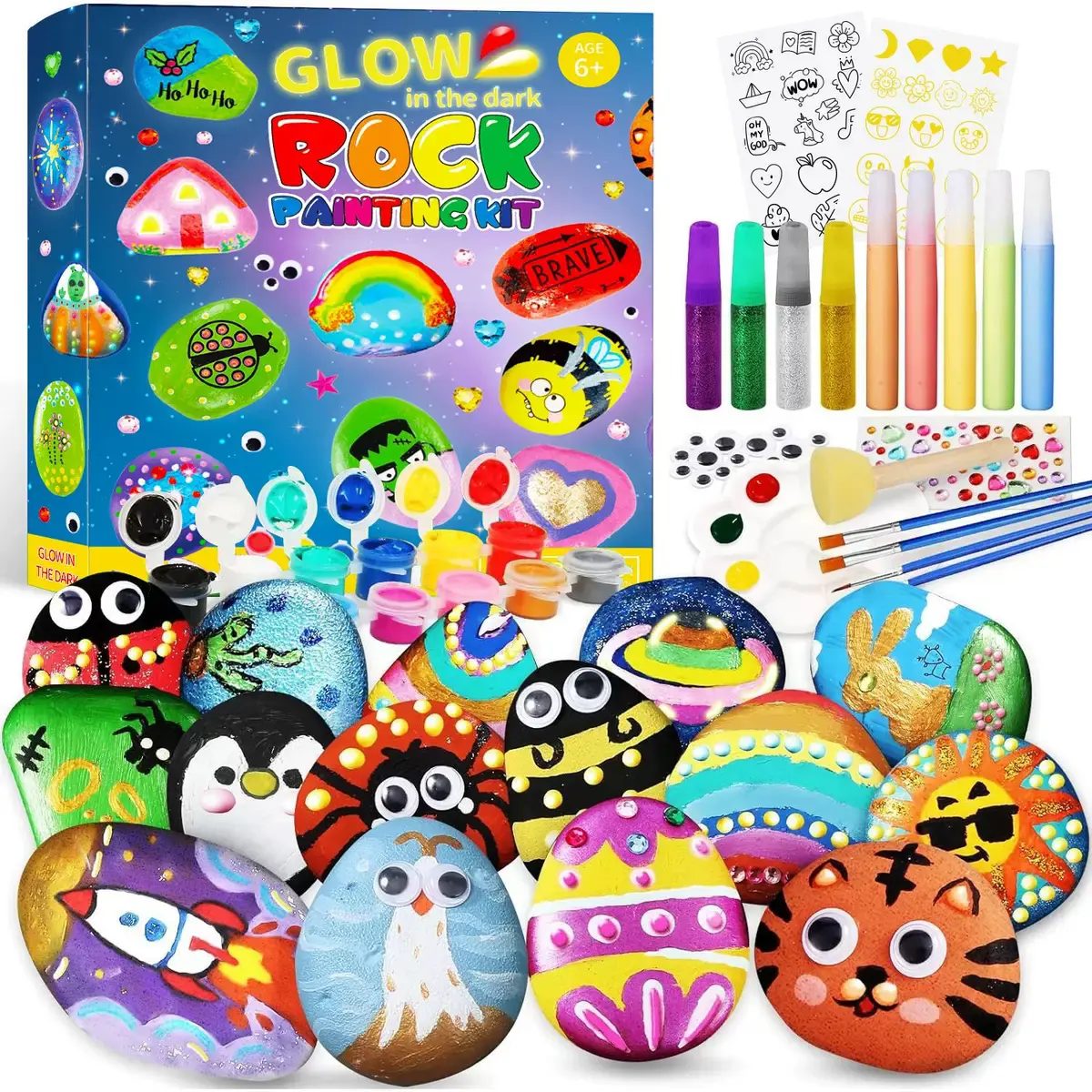 Rock Painting Kit- Glow in The Dark Rock Kit, Arts and Crafts for Kids Ages 6-12, Art Supplies Toy, Kids Craft Paint Kits, Arts & Crafts for Boys Girls Birthday Party Gift Toy