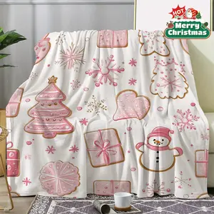 Flannel Christmas Blanket with Snowman & Pink Gingerbread Design - Soft, Warm, All-Season Throw for Couch, Bed, Car, Office, Camping & Travel - Festive Holiday Decor Background, Travel Throw|Playful Pattern Throw, Christmas Throw Blanket