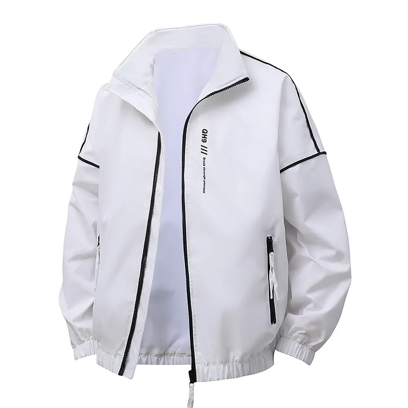 Men's White Windbreaker Jacket with Black Trim Lightweight Water-Resistant Outdoor Coat with Zip Pockets for Running Hiking