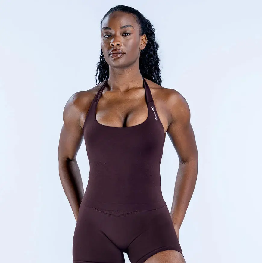 （Has tags）Dfyne Dfyne Seamless Halter Top Backless Longline Strappy Padded Gym Top Women Built-in Bra Removable Cups Activewear Yoga Workout Tank Tops