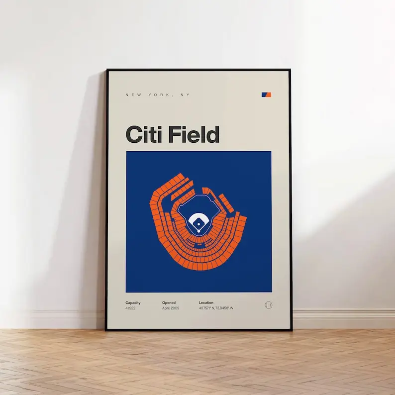 NY Mets Poster, New York Citi Field Stadium Print, Mid Century Modern Baseball Poster, Sports Bedroom Posters, Minimalist Office Wall Art