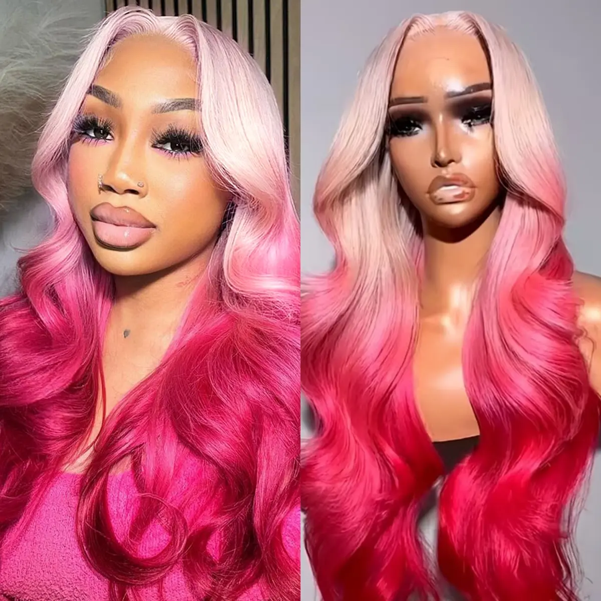 Aodbar hairs Ombre Pink Long Body Wave Lace Frontal Wig Realist Hairline 13*4 Transparent Lace Frontal Wig Pre Plucked Bleached Knots  Baby Pink and Hot Pink Color Long Deep Wave Wig for Women 28 Inch Lace Glueless Wig Loose Body Wigs