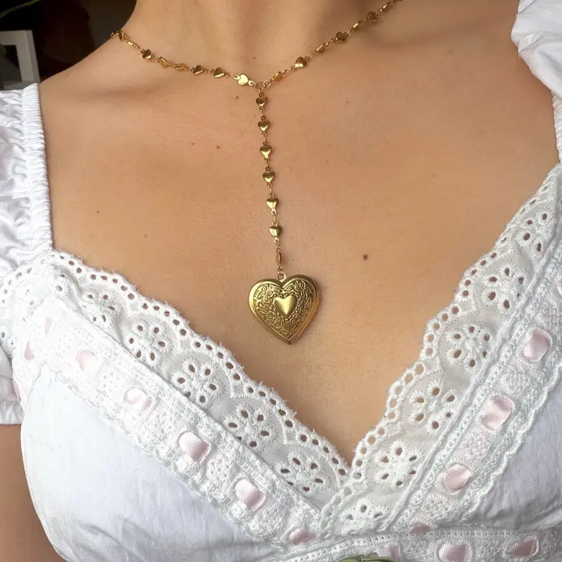 Gold Heart Locket Rosary Style Necklace | Stainless Steel, Heart Chain, Coquette, Vintage, Lana, Layered Look, Gift for her, Cottage Core, Heart Jewelry