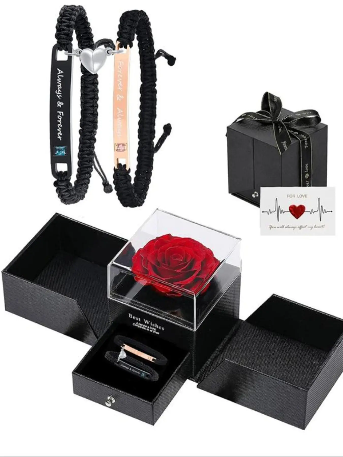 Couple Bracelet Set, Heart Rate Bracelet & Rose Gift Box, Heart Shaped Bracelet, Matching Heart Bracelets, Fashion Jewelry Gifts for Party, Christmas Gift